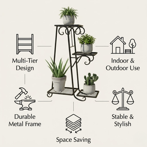 Support à plantes moderne en fer à plusieurs niveaux |   6 porte-pots thermolaqués |   Support de plantes en métal pour l'intérieur et l'extérieur, décoration de jardin et de maison, vente en gros - Product Image 5