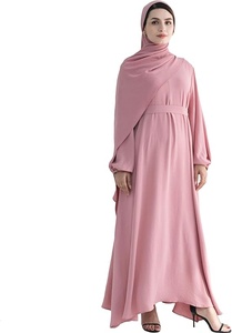 Robe longue modeste à coupe trapèze avec col rond et manches longues en crêpe rose uni pour femme - Product Image 5