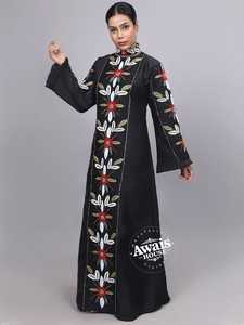 Awais House Women's Black Taffeta Floor-Length Modest A-Line Kaftan V-neck Long Sleeve Beaded Embroidery Natural Waist Evening - Product Image 3