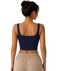 Navy Blue Square Neck <b>Crop</b> Tank <b>Top</b> Women Sleeveless Cotton Spandex Stretch Fitness Yoga Casual Summer Basic Vest <b>Top</b> Custom - Product Image 2