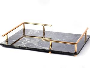 Wholesale Luxury Rectangular <b>Black</b> Marble Dining <b>Tray</b> Bulk Gold Handles Hotel Restaurant Serving Platter Elegant Tableware - Product Image 1