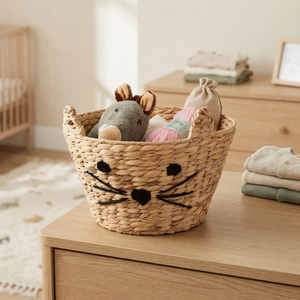 <b>Top</b> Selling High Quality Handcrafted Water Hyacinth Woven Cute <b>Cat</b> Face Storage Basket For Baby Nursery Organizer Decor - Product Image 2