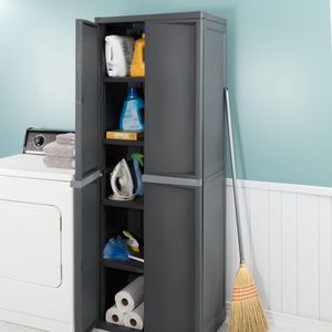 Armadio di Stoccaggio a 4 Ripiani con Serratura e Ripiani Regolabili, Unità di Scaffalatura in Plastica Grigia per Garage e Dispensa - Product Image 6