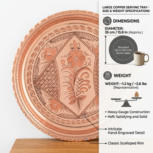 Plateau de service rond en cuivre artisanal, gravure florale traditionnelle, finition antique, plat décoratif pour la décoration de la table à manger à la maison - Product Image 5