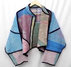 Chaqueta Kantha Vintage de Algodón Puro Ecológico, Transpirable, de Secado Rápido, con Cuello Mandarín, Manga Larga, Multicolor, con Parches Estampados - Product Image 3