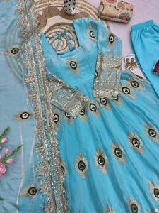 Turquoise Silk <b>Lehenga</b> Choli <b>Women</b> Traditional Indian Pakistani Wedding Embroidered Peacock Design Floor-Length Loose Fit - Product Image 5