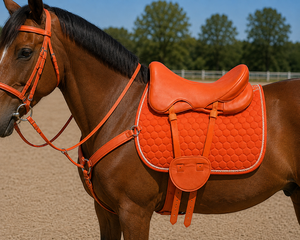 Silla de montar inglesa de resistencia EQUIPRO de cuero naranja con armazón de madera, correas ajustables y ligera, niquelada. - Product Image 4