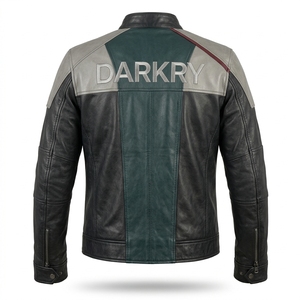 Chaqueta de Cuero Genuino para Hombre en Negro, Verde y Gris con Bloques de Color, Rayas Verticales, Cuello Alto, Cierre de Cremallera y Bolsillo en el Pecho, Estilo Biker - Product Image 2