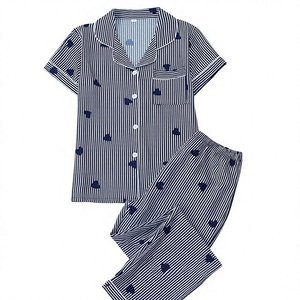Women Striped Heart Print Cotton Pajama Set Short Sleeve Turn-down Collar Full Length Casual Summer Sleepwear 2 Piece - Product Image 1