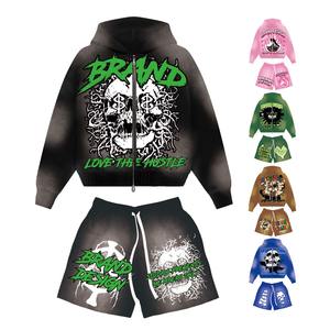 Men's Summer Custom Logo 2 Two Piece Hoodie and Short Set Streetwear <b>Plain</b> Casual Sports <b>Tracksuit</b> Blank Oversize Set - Product Image 5