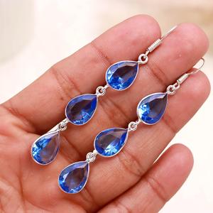 Swiss Blue Topaz Gemstone 925 Sterling <b>Silver</b> <b>Dangle</b> <b>Earrings</b>, Pear Shape Faceted Triple Drop <b>Earrings</b>, Elegant Handmade Jewelry - Product Image 3