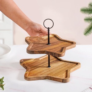 Charming Two Tier Wooden <b>Cake</b> <b>Stand</b> Featuring Star Shaped Trays & A Black Metal Stem With A Ring Handle For Serving & Decoration - Product Image 1