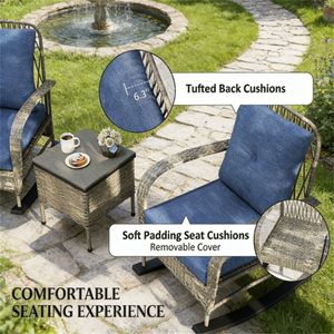 Conjunto de Muebles de Terraza de 3 Piezas, Silla Mecedora para Exteriores con Mesa de Centro, Juego de Jardín en Color Gris - Product Image 4