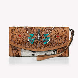 Monedero de mano de cuero de vaca genuino de estilo occidental con patrón de mariposa y flores mecanizadas a mano - Product Image 5