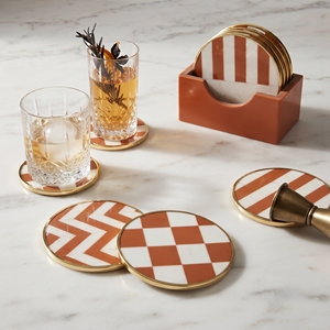 Ensemble de sous-verres ronds en résine et laiton avec incrustations, design rétro écologique, avec support marron, doublure orange et blanche, diamètre 100 mm, 6 pièces - Product Image 1
