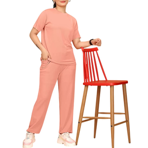 Women's Pink Tracksuit Short Sleeve Crew Neck Loose Fit Full Length <b>Pants</b> Side Pockets Elastic Waist Casual Wear - Product Image 5