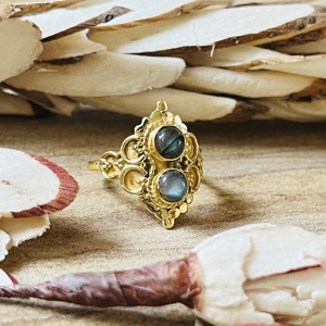 Unique Design <b>Labradorite</b> And Grey Moonstone Vintage <b>Ring</b> 18K Gold Plated Brass Double Stone Statement Wholesale <b>Ring</b> For Women - Product Image 3