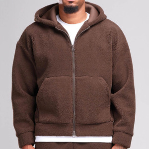 High Demand OEM Custom Logo Brown Drop Shoulder Men Sherpa Zip Hoodie Breathable Streetwear Hoodie For Men With Kangaroo Pockets - Product Image 1