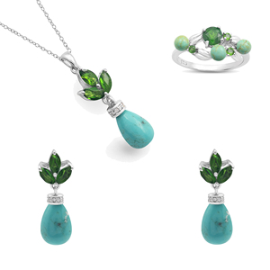 New 925 Sterling <b>Silver</b> Natural Marquise Chrome Diopside & Oval Turquoise Gemstone <b>Set</b> Of <b>Ring</b> Earrings & Necklace Fine Jewelry - Product Image 2