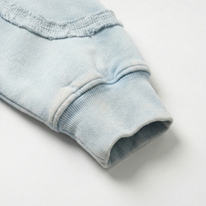 Wholesale Washed Light‑Blue Zip Hoodie with Exposed Seams | Distressed Panel Athletic Hoodie | OEM Streetwear Supplier - Product Image 4