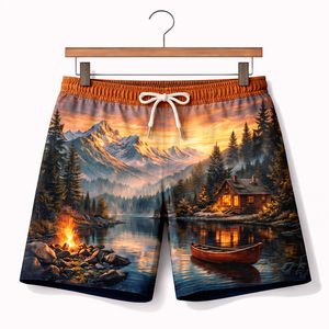 Shorts de Baño para Hombre Mountain Lake – Estampado de Fogata en la Cabaña, Secado Rápido - Product Image 1