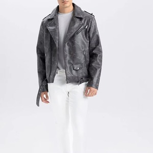 Classic Black Leather <b>Jacket</b> <b>Men</b> Cafe <b>Racer</b> Style Genuine Cowhide Band Collar Zipper Pockets Fashion Outerwear OEM Supplier - Product Image 2