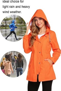 Women's Orange Hooded Windbreaker <b>Jacket</b> Full Sleeve Drawstring Closure Waterproof Casual <b>Long</b> Length Outerwear - Product Image 5