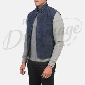 Chaleco Premium para Hombre, Azul Marino, de Cuero de Gamuza Acolchado, con Botones, Cuello Alto, Sin Mangas, Corte Ajustado, Acolchado, para Invierno - Product Image 5