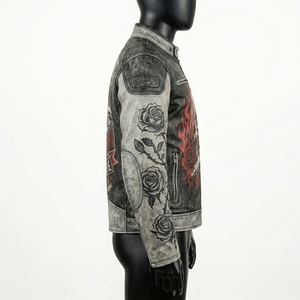 Mens <b>Vintage</b> Distressed Leather Motorcycle <b>Jacket</b> Graphic Skull Roses Racing Biker Cafe <b>Racer</b> Coat Outerwear Custom Wholesale - Product Image 3