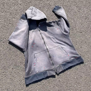 Sweats à capuche zippés surdimensionnés personnalisés, délavés à l'acide, effet usé, déchirés, style vintage, en gros, épais - Product Image 2