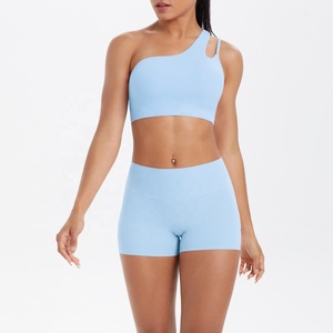 One Shoulder Asymmetric Crop Top High Waist Shorts 2 Piece Yoga Set Seamless Breathable Solid Light <b>Blue</b> Activewear - Product Image 1