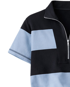 Conjunto Deportivo Casual de Verano para Mujer, Dos Piezas, Estilo Romper de Manga Corta con Cierre de Cremallera, Color Negro y Azul Cielo - Product Image 3