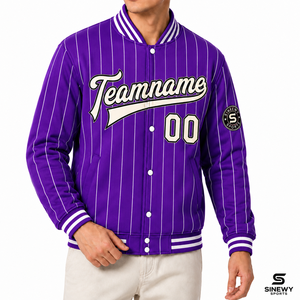 SINEWY SPORTS <b>Purple</b> Pinstripe Front Team Patch <b>Varsity</b> <b>Jacket</b> Men's Custom Name Number Baseball Style Autumn Wear 100% Cotton - Product Image 4
