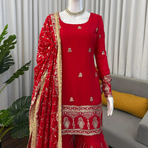 ชุดชาราร่าผ้าไหมชิโนนสวยงามสไตล์อินเดีย-ปากีสถาน ชุดชาราร่าแบบหนักสไตล์ชาติพันธุ์ ชุดสำหรับงานปาร์ตี้ งานแต่งงาน และสวมใส่ลำลองสำหรับผู้หญิงและเด็กผู้หญิง - Product Image 1