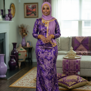 Robe Fransawi rose avec jacquard floral et hijab assorti |   Robe de mariée somalienne élégante pour les fêtes et l'Aïd - Product Image 6