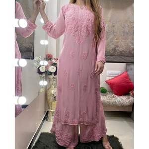 DESIGNER HEAVY RAYON CHAIN <b>STITCH</b> WORK KURTI with PALAZZO BABY <b>PINK</b> - Product Image 1