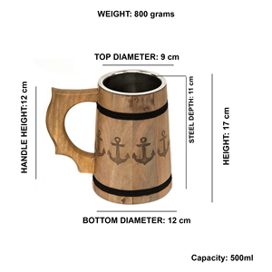 Jarra de Cerveza Ecológica de Madera Maciza con Doble Pared Aislante |   Jarra de Madera con Ancla Pirata Grabada para Bar en Casa o Pub - Product Image 3