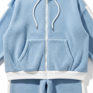 High Quality Cotton Light Blue Fleece Tracksuit Set Full <b>Zip</b> <b>Hooded</b> Sweatshirt & Sweatpants Solid Color Winter Casual Loose Fit - Product Image 2