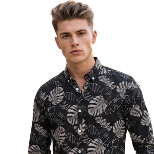 <b>Black</b> Grey Tropical Leaf Printed <b>Mens</b> Long Sleeve <b>Shirt</b> Button Down <b>Slim</b> <b>Fit</b> Casual Fashion <b>Shirt</b> for Party Holiday Daily Wear - Product Image 3