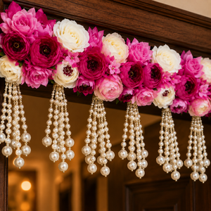 Premium Pink <b>White</b> Floral Toran with Cascading Pearl Tassels Decorative Door <b>Hanging</b> for Wedding Festival and Home Decor - Product Image 4
