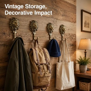 Gancho de pared con cabeza de león de latón antiguo estilo vintage, ecológico, duradero, autoadhesivo, para colgar un solo abrigo - Product Image 2