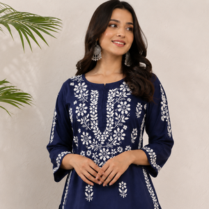 Best Selling <b>Navy</b> Blue Hand Embroidered Georgette Lucknowi Chikankari Straight Kurti - Elegant Ethnic Tunic <b>Top</b> - Product Image 2
