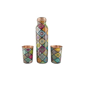 Radhe Enterprises Good Quality Classic Eco-Friendly Copper Printed Water <b>Bottle</b> 1000ml with Glass at Best Price - Product Image 2
