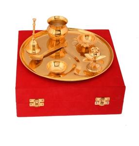 Indian Gold Plated Traditional Pooja Thali Set With Royal Velvet Box Handicraft for Pooja Decor Thali <b>Wedding</b> <b>Favour</b> - Product Image 2