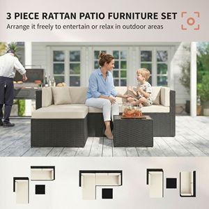 Set di Mobili da Esterno in Vimini a 3 Pezzi con Cuscini Beige e Tavolo con Piano in Vetro per Cene e Conversazioni - Product Image 3