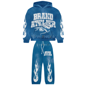 <b>Top</b> Selling Custom Winter Streetwear Baggy <b>Sweat</b> Suit Full Length Loose Fit Streetwear Drawstring Pants Blue Tracksuit Dtg Print - Product Image 1