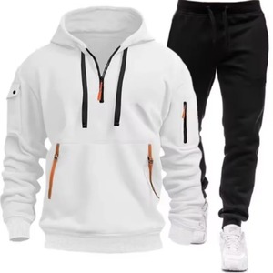 Ensemble de survêtement en coton épais à capuche blanc pour homme, veste à fermeture éclair à manches longues, poches latérales, polyester respirant, vêtements décontractés - Product Image 1