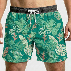 Bañadores de hombre con estampado de hojas tropicales de secado rápido, cintura media, cordón ajustable, pantalones cortos informales, 100% poliéster, tejido de punto. - Product Image 1