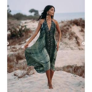 Premium Style Boho Solid A-Line Maxi Dress Halter Lace Sleeveless Regular Fit Breathable Chiffon Eco-Friendly Summer <b>Beach</b> Wear - Product Image 1