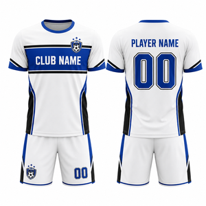 Ensemble de maillots de football personnalisés blanc bleu noir, impression sublimée, col haut, manches courtes, léger, respirant, unisexe, adulte, équipe - Product Image 1